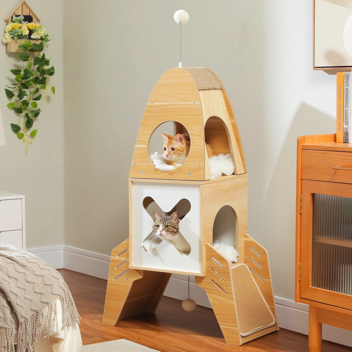 109 cm Indoor Rocket-Shaped Cat Tree Tower with Wooden Design