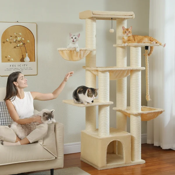 Multi-level cat tree with scratching posts, cozy condo, deep hammocks Multi-level cat tree with scratching posts, cozy condo, deep hammocks