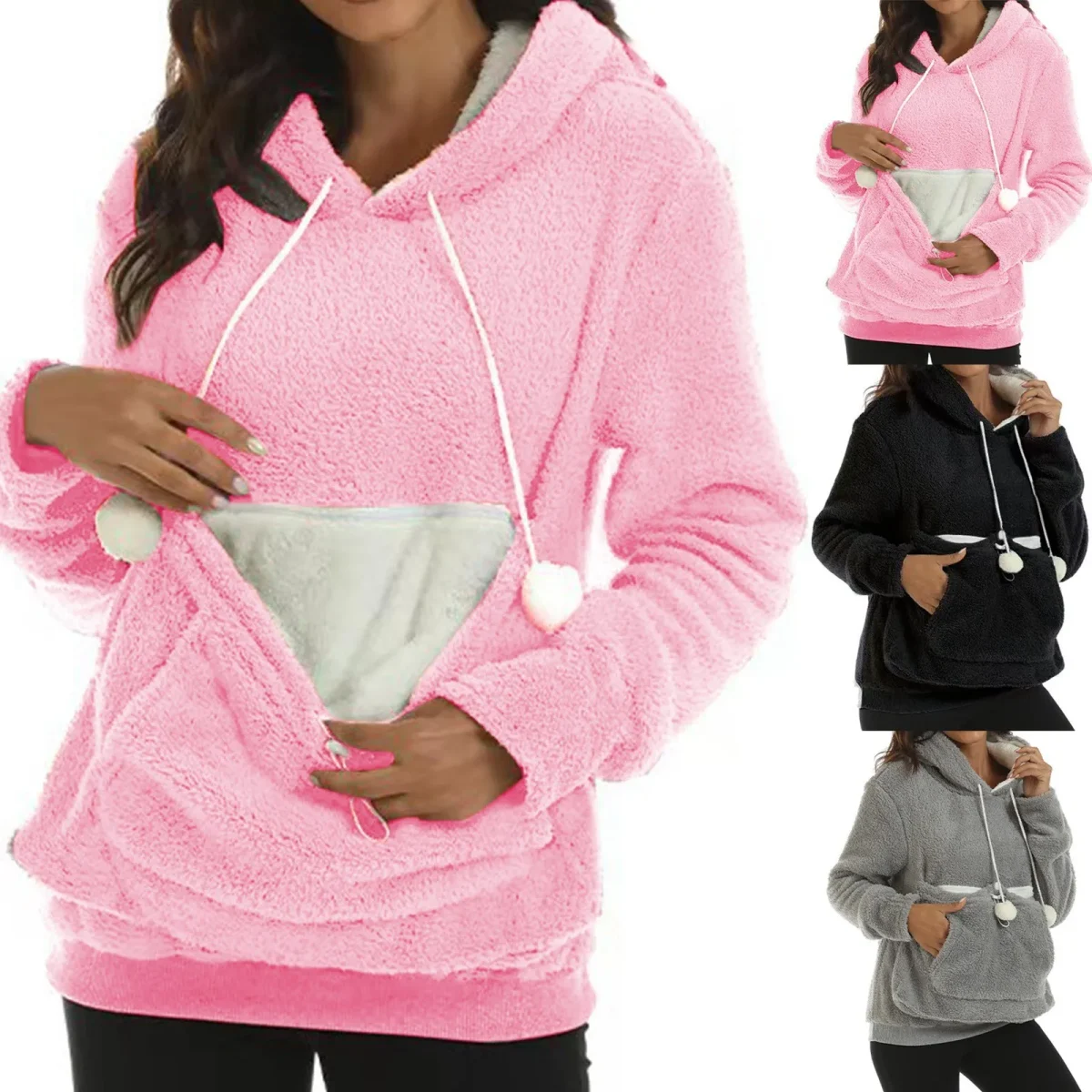 Women’s hoodies made of plush kangaroo cat wearer. Warm sweater
